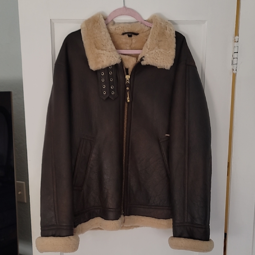 Men's Shearling Collar Leather Jacket - Brown and Cream